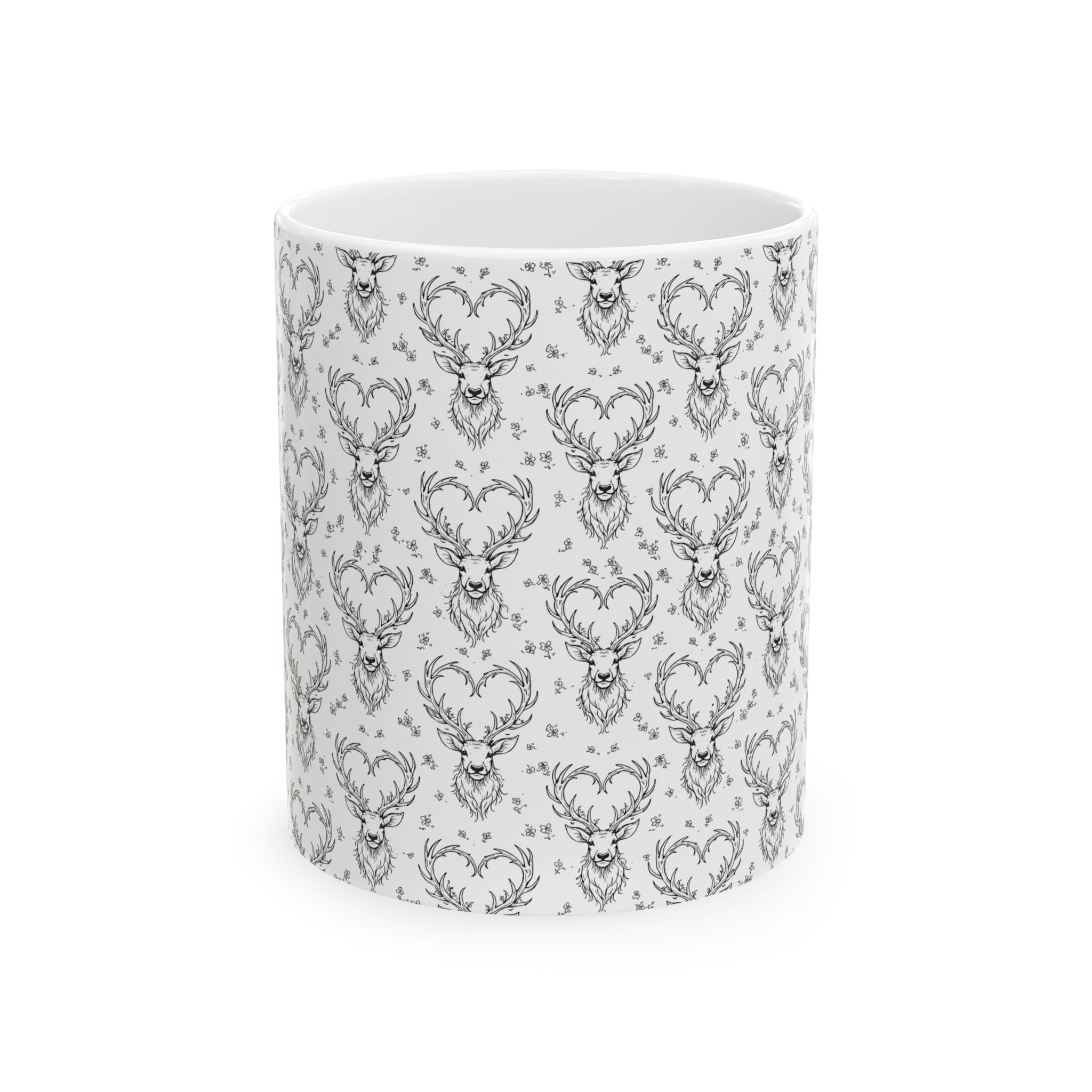 Rustic Wildlife Ceramic Mug —  Hearts and Antlers Coffee Cup (11oz & 15oz)