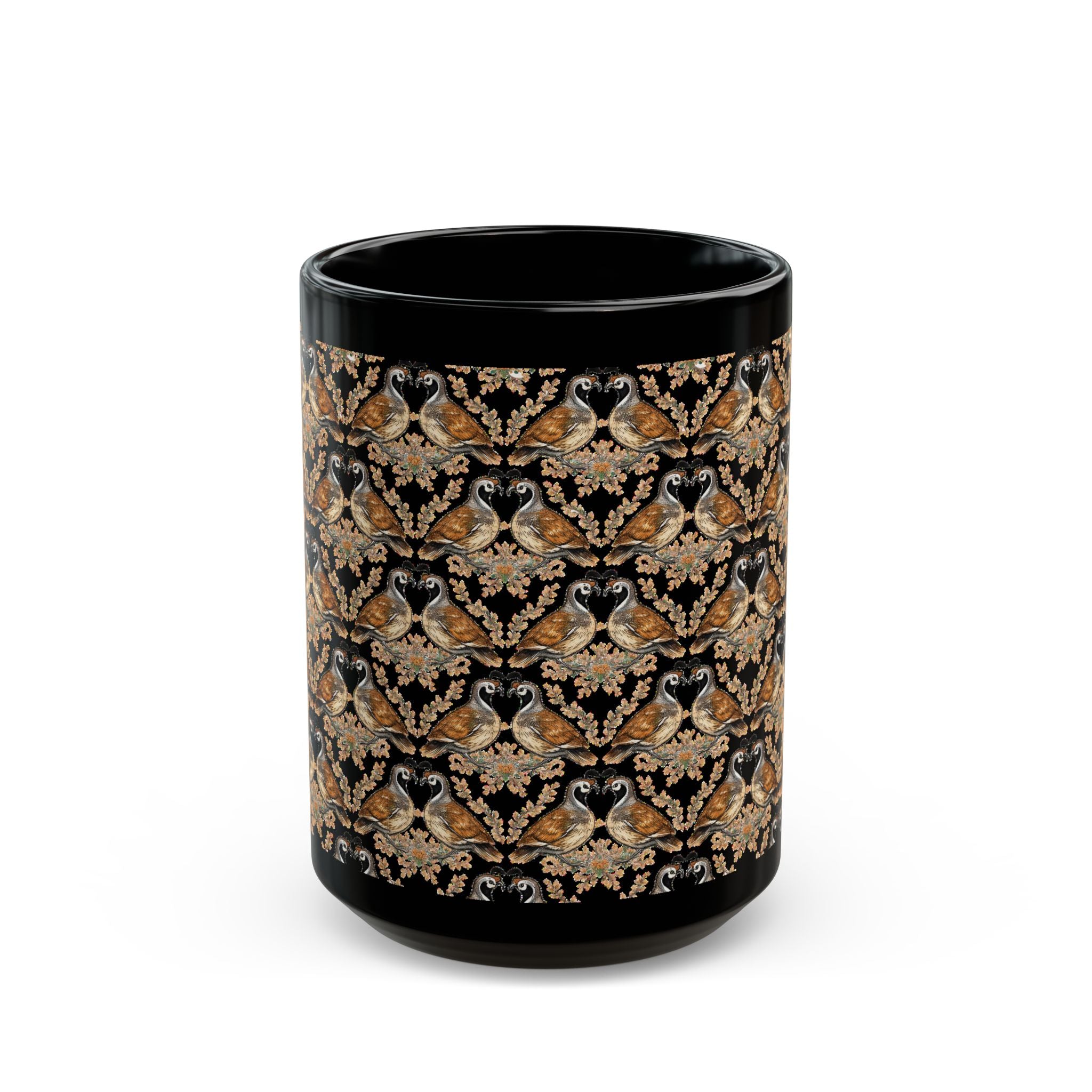 Patterned Quail Black Mug — Can't Quail My Love Coffee Cup (11oz, 15oz)