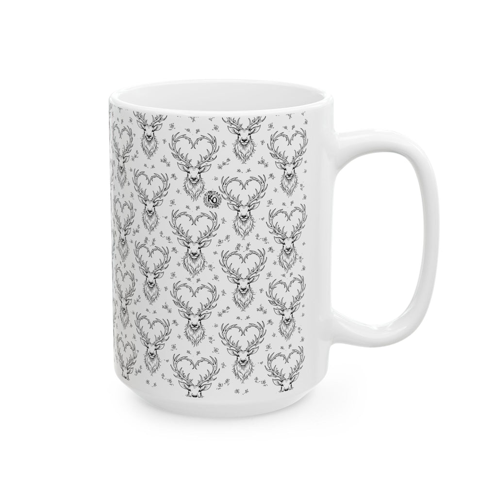Rustic Wildlife Ceramic Mug —  Hearts and Antlers Coffee Cup (11oz & 15oz)
