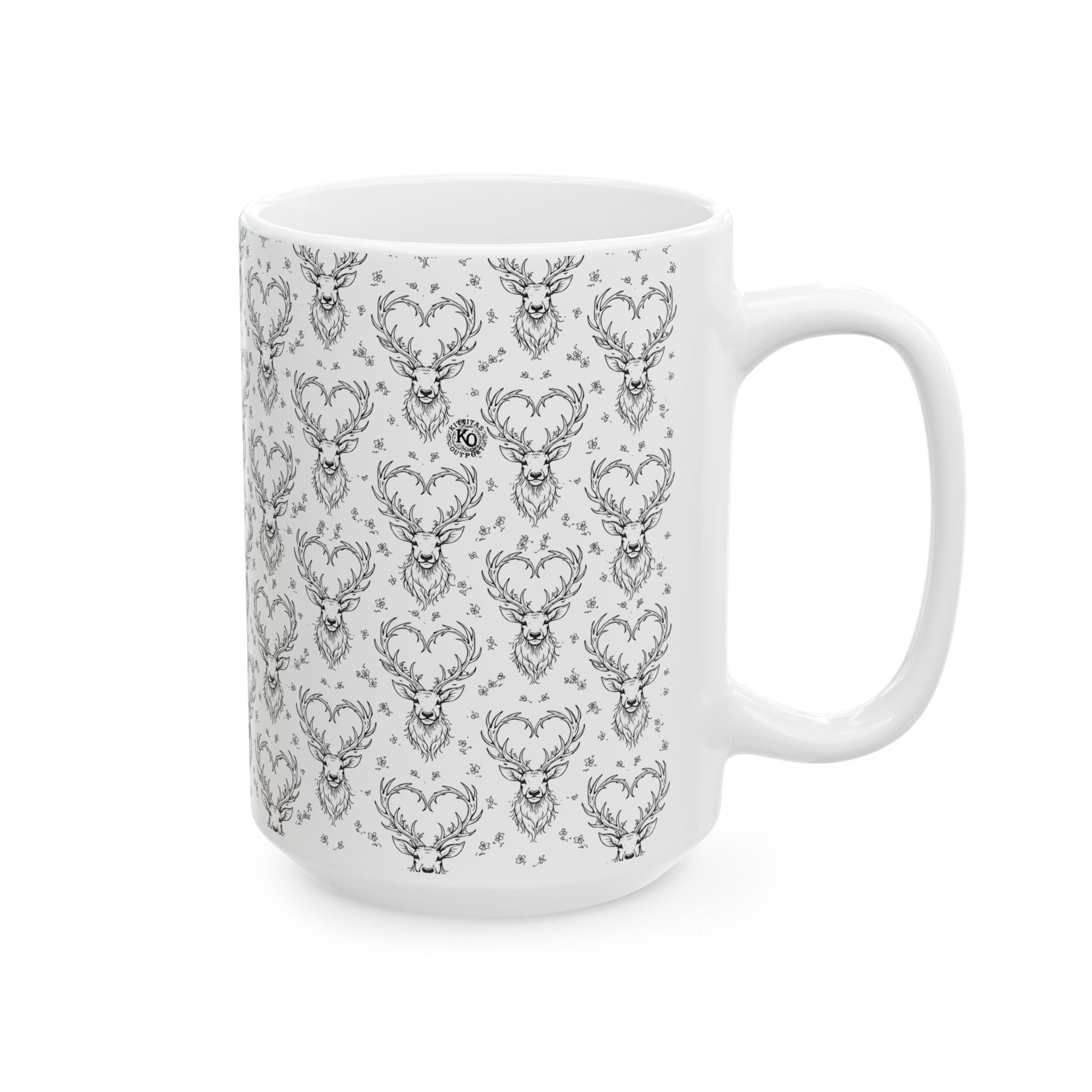 Rustic Wildlife Ceramic Mug —  Hearts and Antlers Coffee Cup (11oz & 15oz)