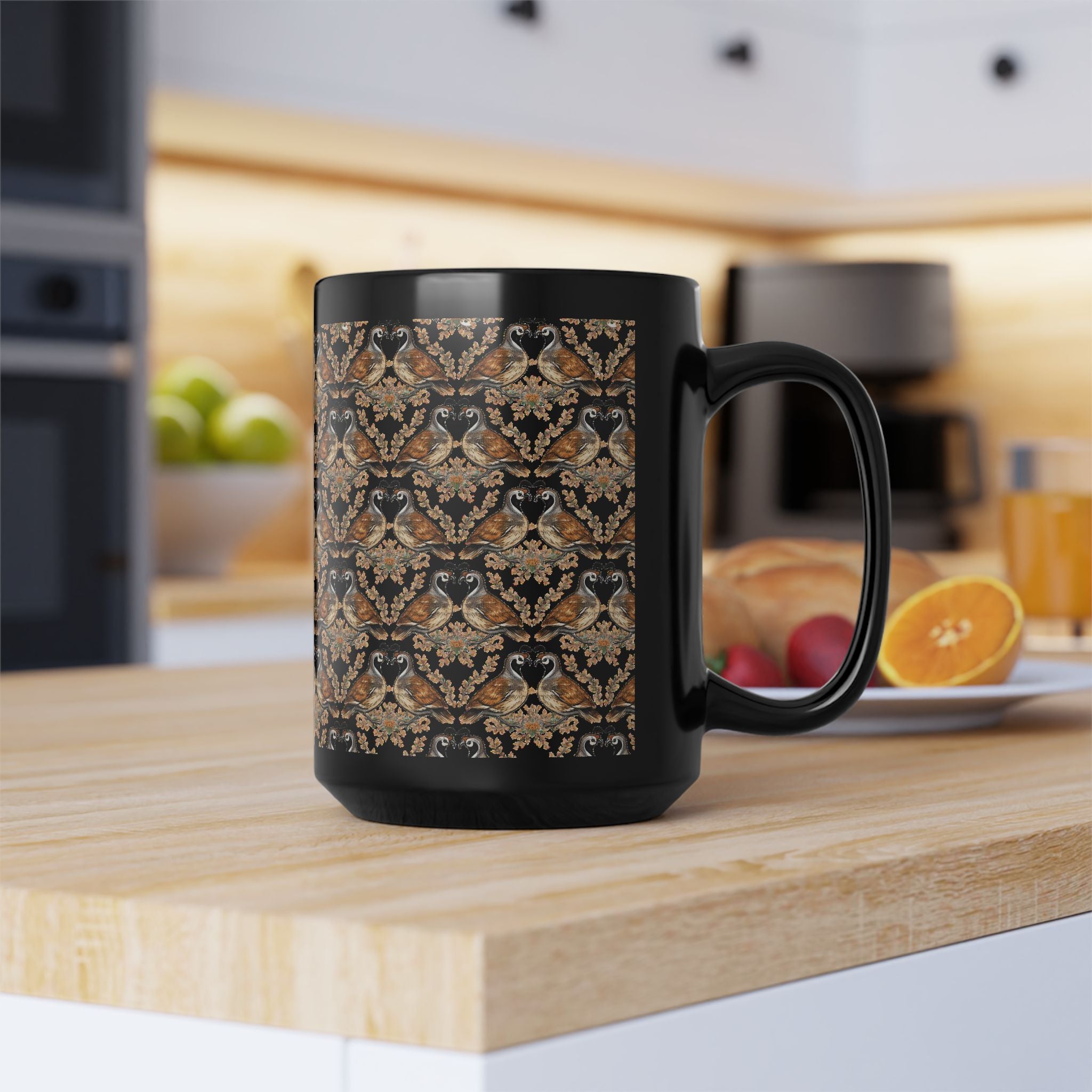 Patterned Quail Black Mug — Can't Quail My Love Coffee Cup (11oz, 15oz)