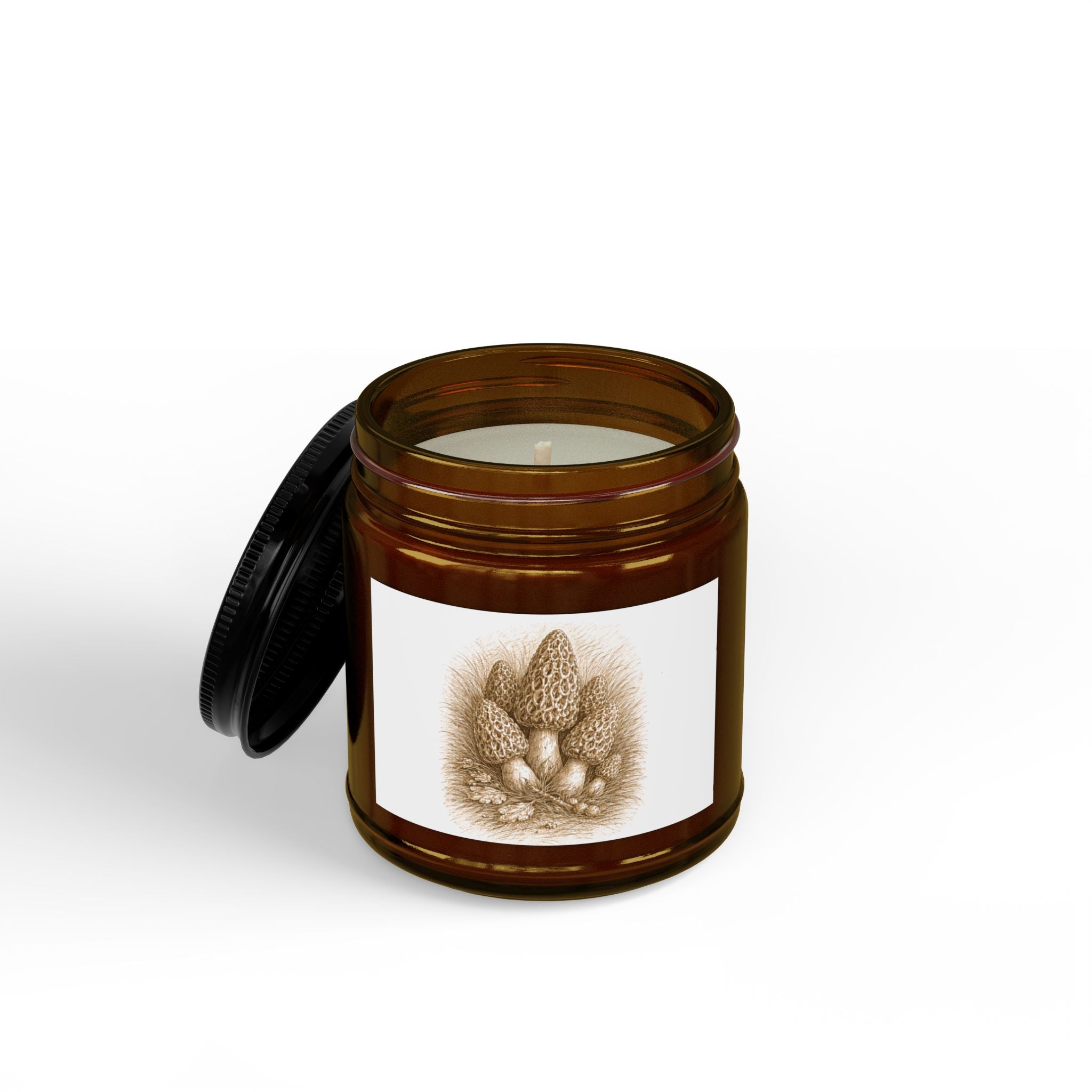 Soy Candle — Amber Jar with Morel Mushroom Illustration (4oz & 9oz)