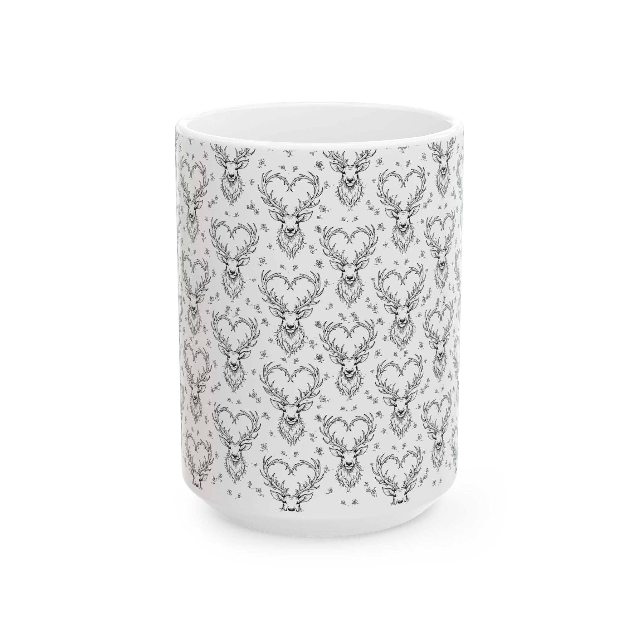 Rustic Wildlife Ceramic Mug —  Hearts and Antlers Coffee Cup (11oz & 15oz)