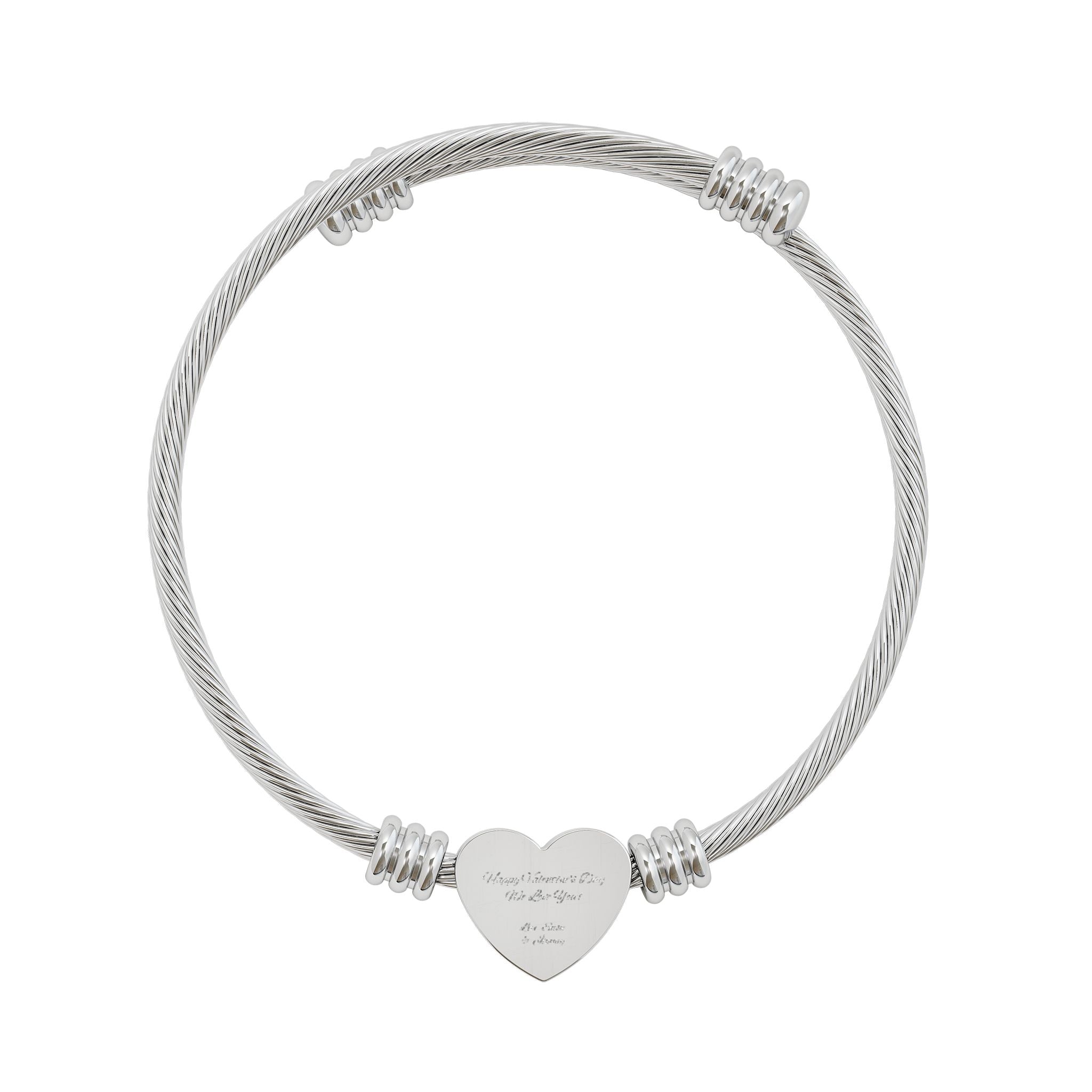 Heart Cuff Bracelet — Engravable Heart Cable Bangle (Silver or Gold)