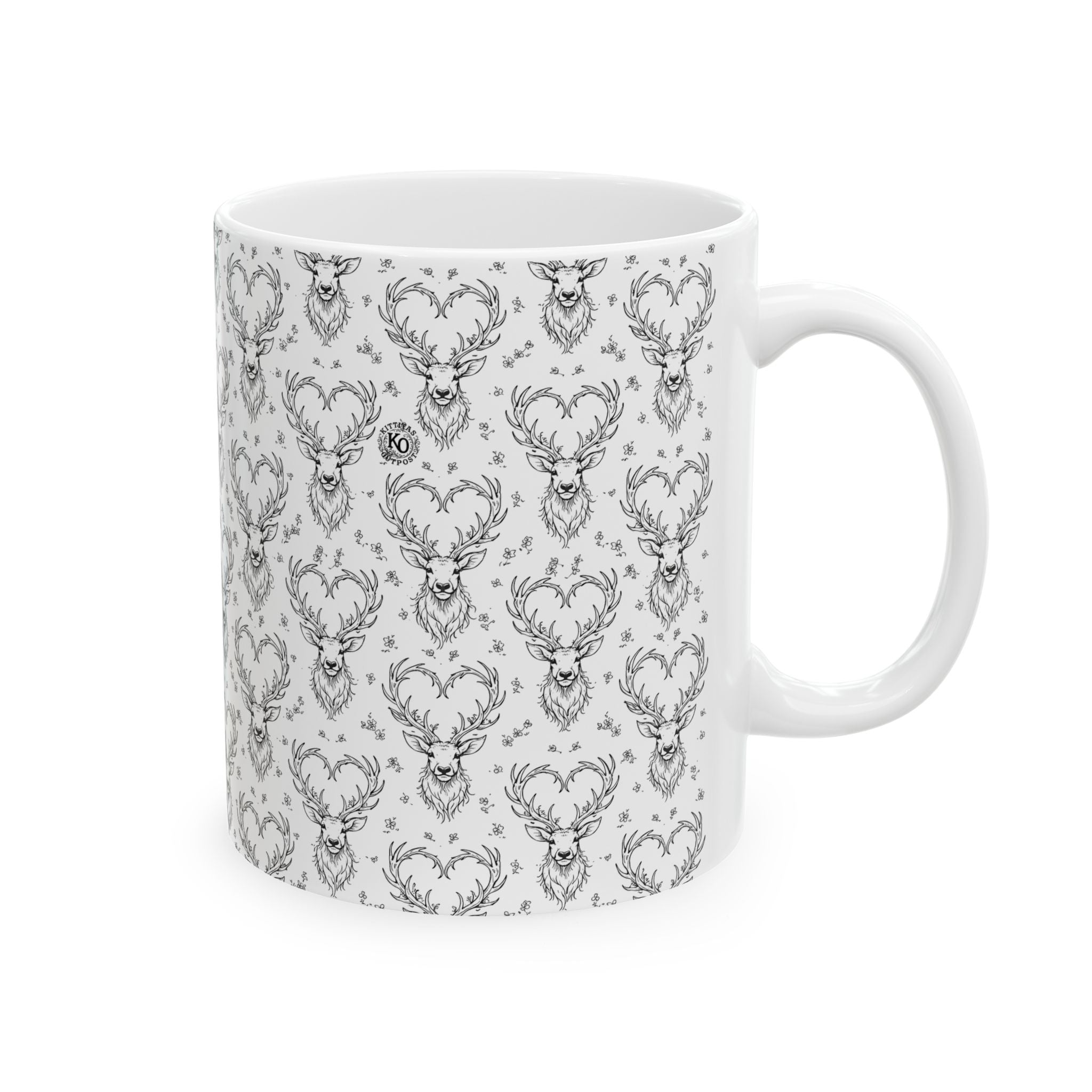 Rustic Wildlife Ceramic Mug —  Hearts and Antlers Coffee Cup (11oz & 15oz)