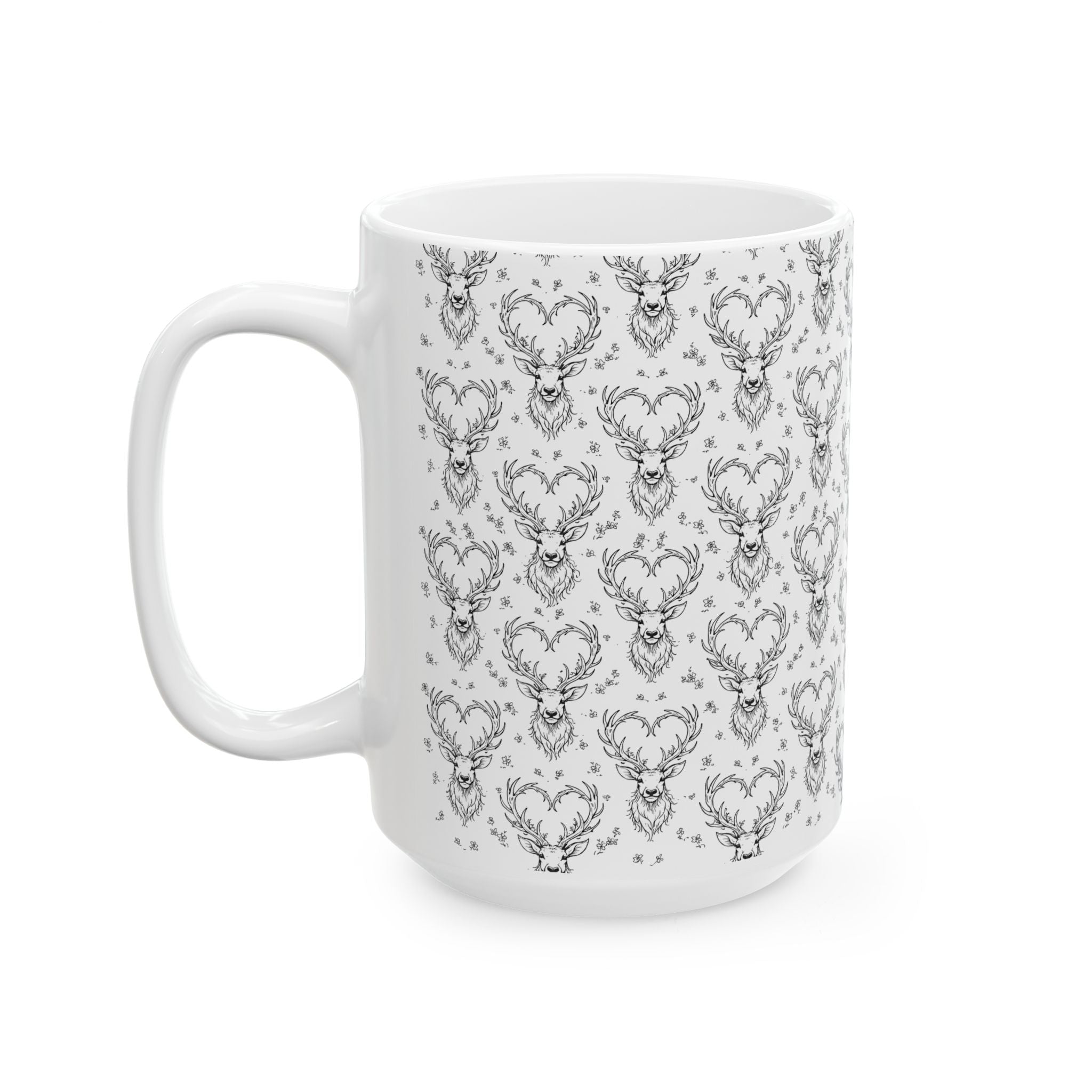 Rustic Wildlife Ceramic Mug —  Hearts and Antlers Coffee Cup (11oz & 15oz)