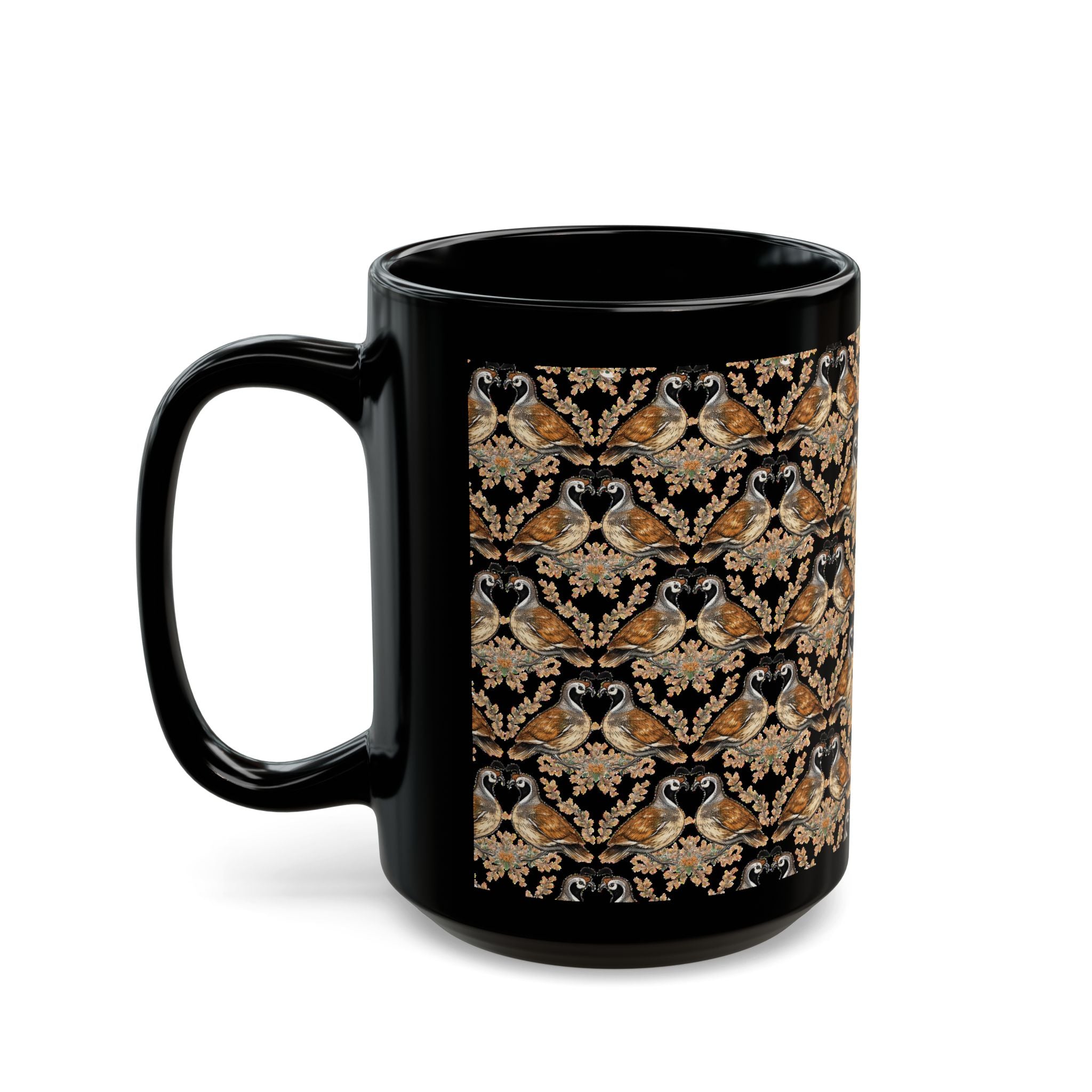 Patterned Quail Black Mug — Can't Quail My Love Coffee Cup (11oz, 15oz)